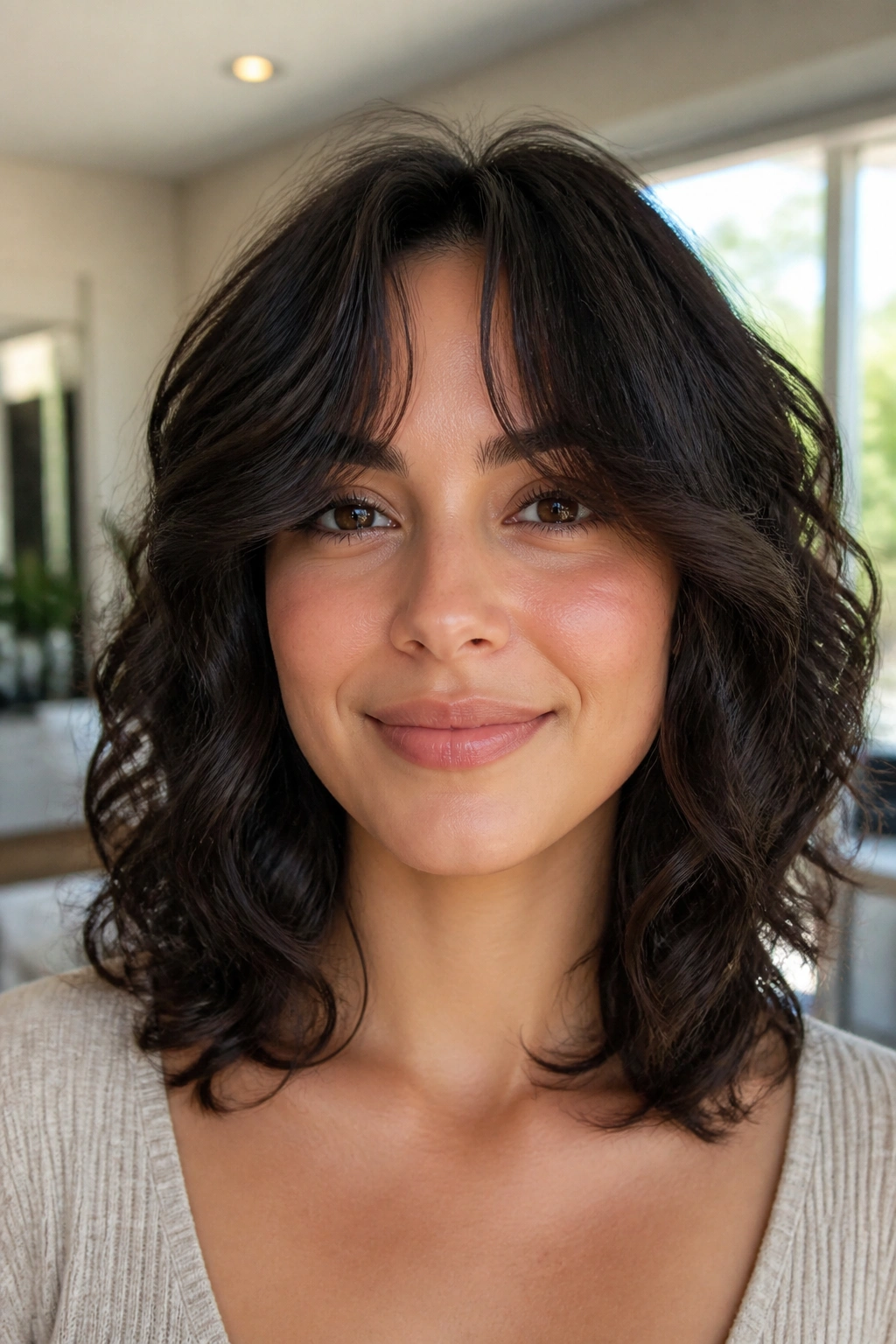 Close-up of a real woman with layered mid-length hair and curtain bangs