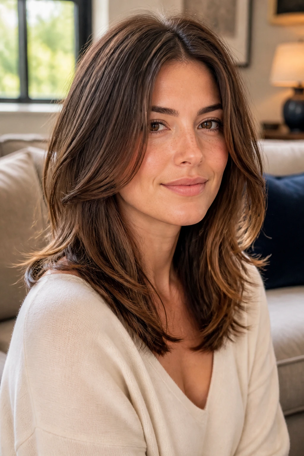 Close-up of a real woman with layered mid-length hair showing internal layers