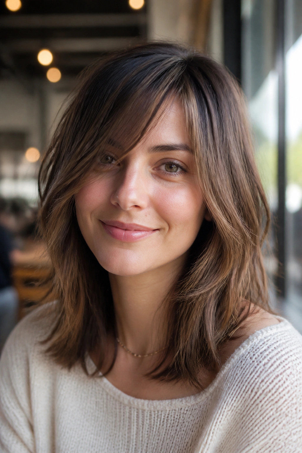Portrait of a real person with layered midi cut and side-swept bangs