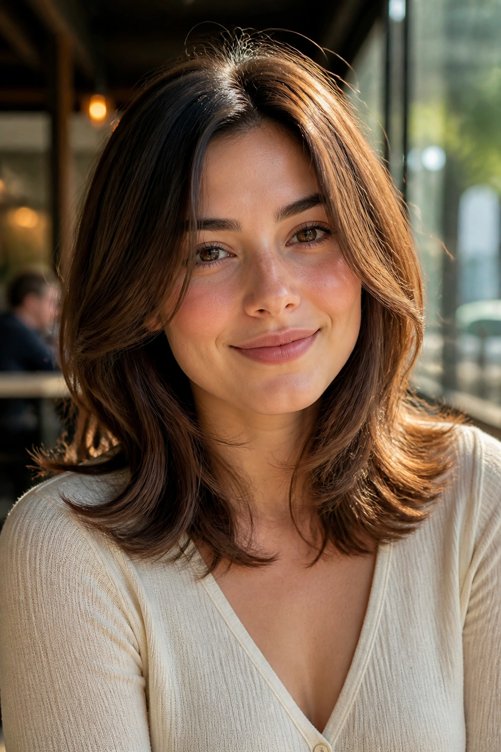Portrait of a woman with layered midi cut and flipped ends at shoulder length.