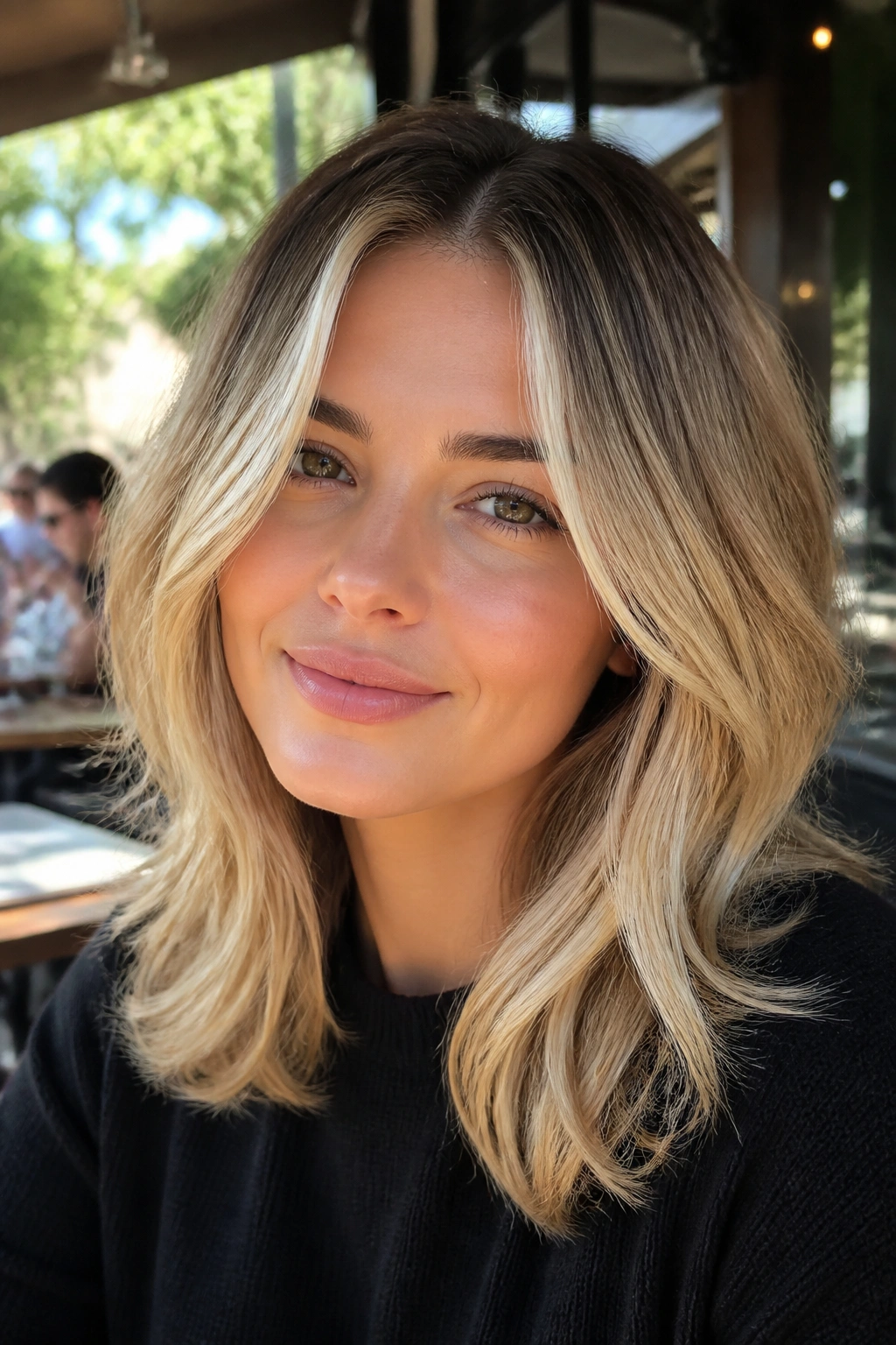 Close-up portrait of a real woman with layered midi cut and money pieces outdoors