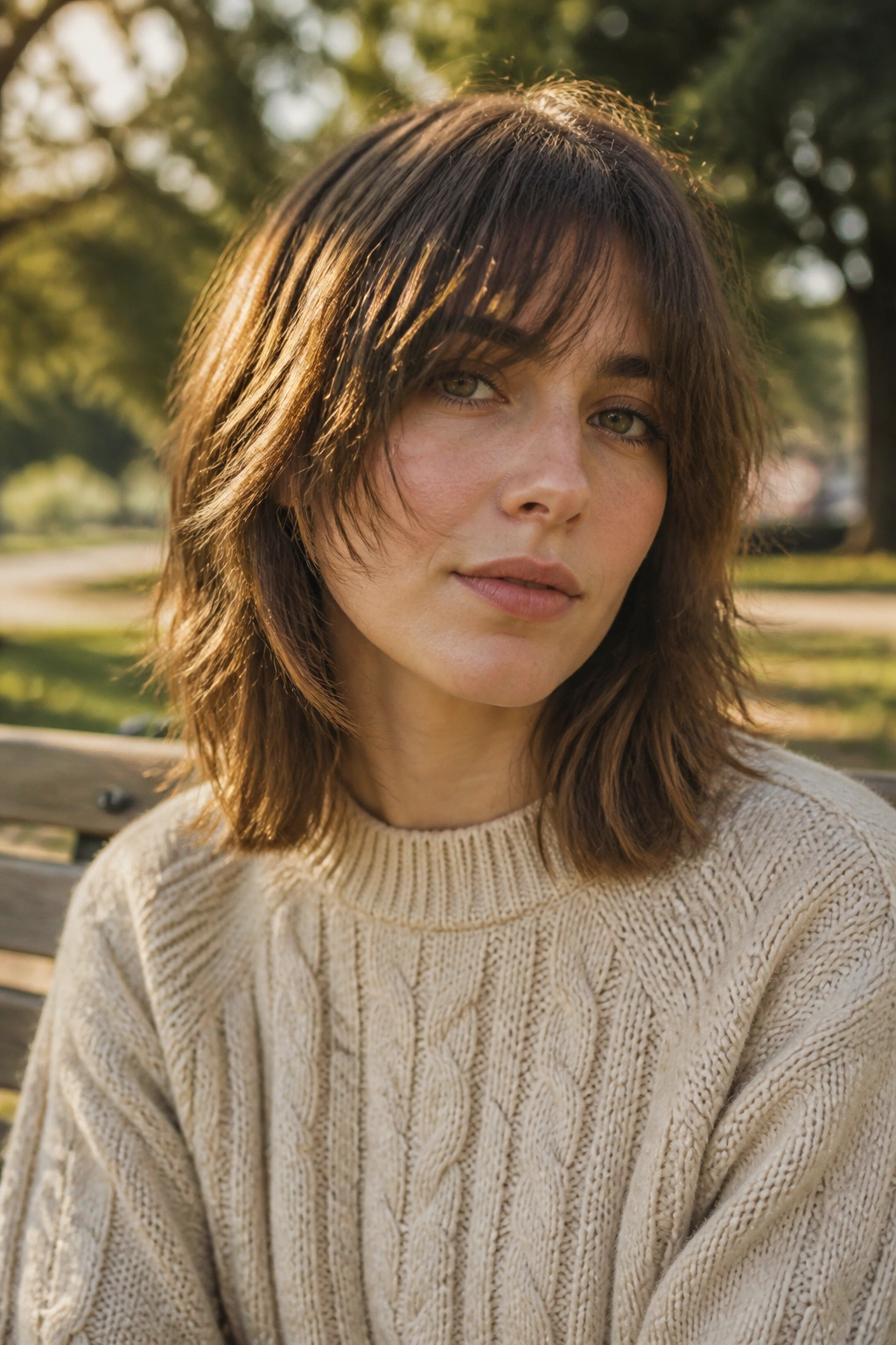 Close-up portrait of a real woman with layered midi shag and blunt ends in outdoor light