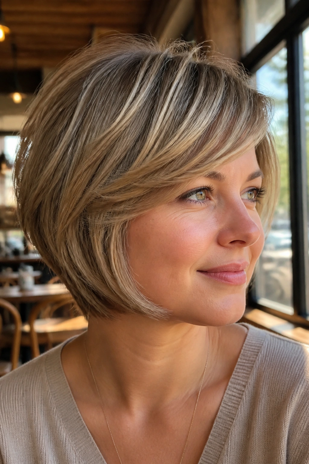 Close-up of a woman with layered pageboy hairstyle and a side-swept fringe.