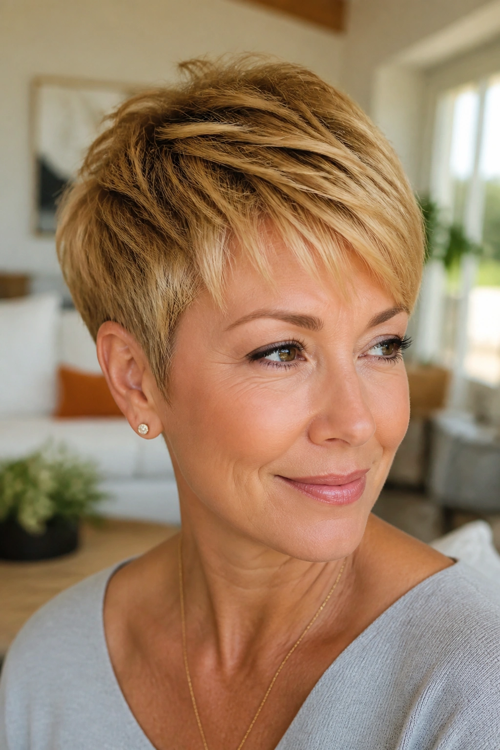 Close-up of a real woman with layered honey-blonde pixie haircut.