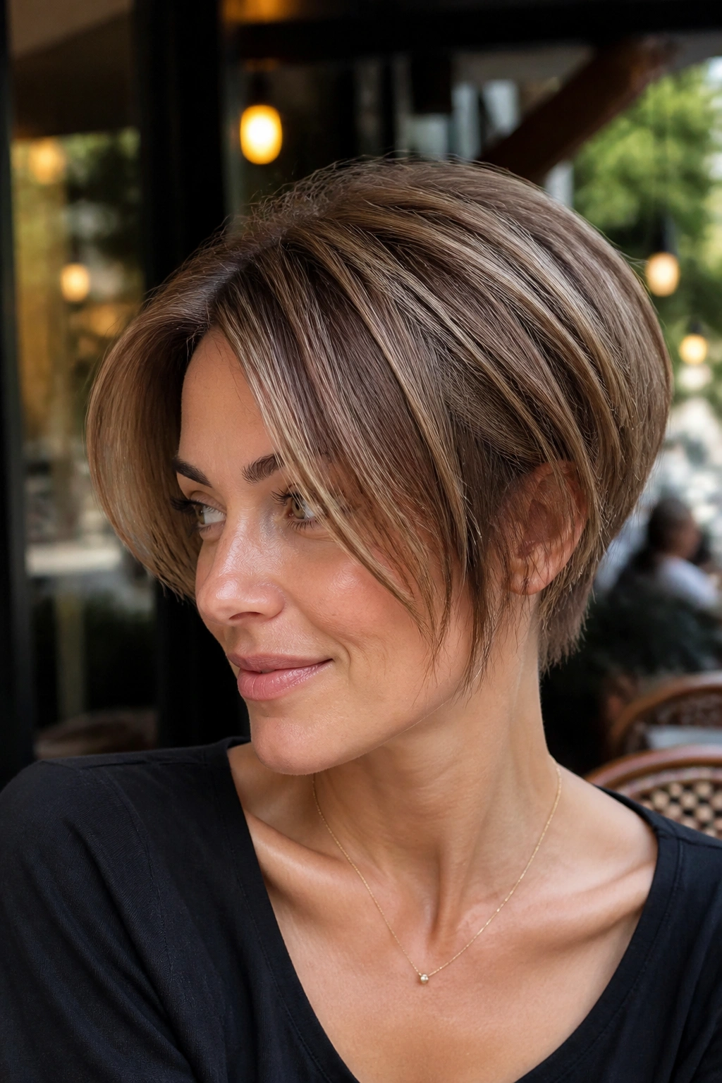 Close-up portrait of real woman with layered pixie bob hybrid