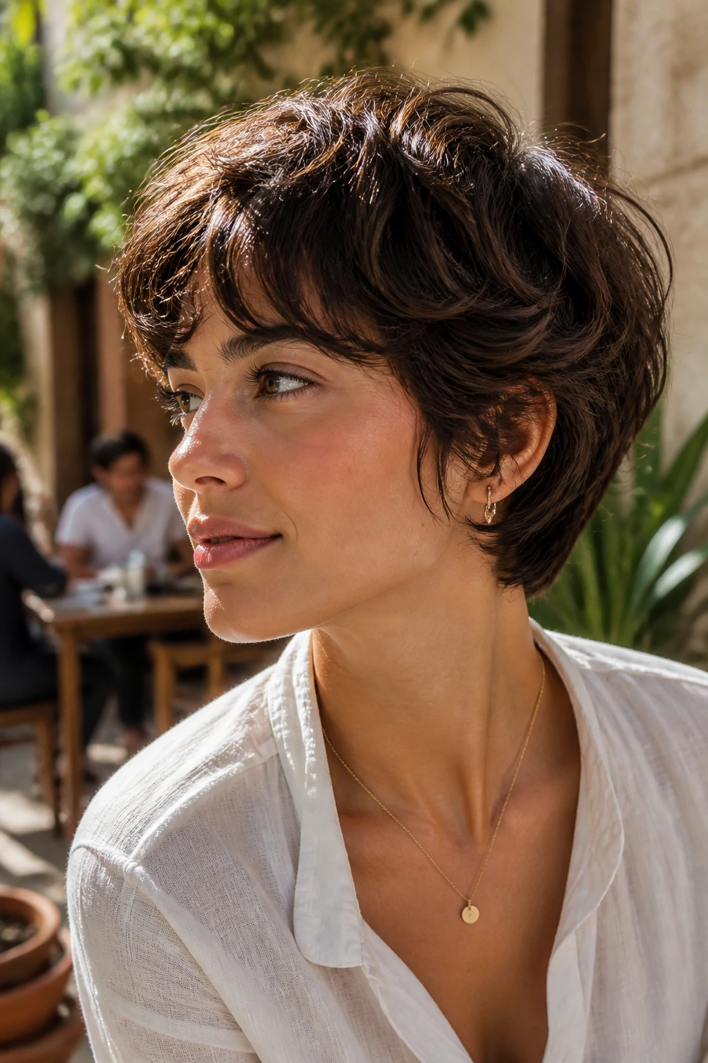 Real person with layered pixie bob in sunlit outdoor setting