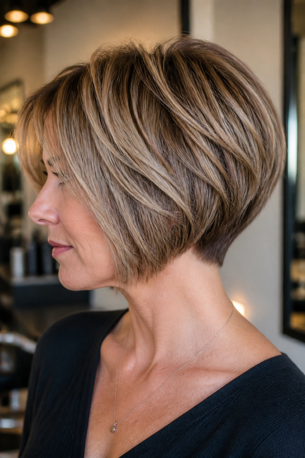 Side-profile portrait of a real woman with layered pixie bob and tapered nape