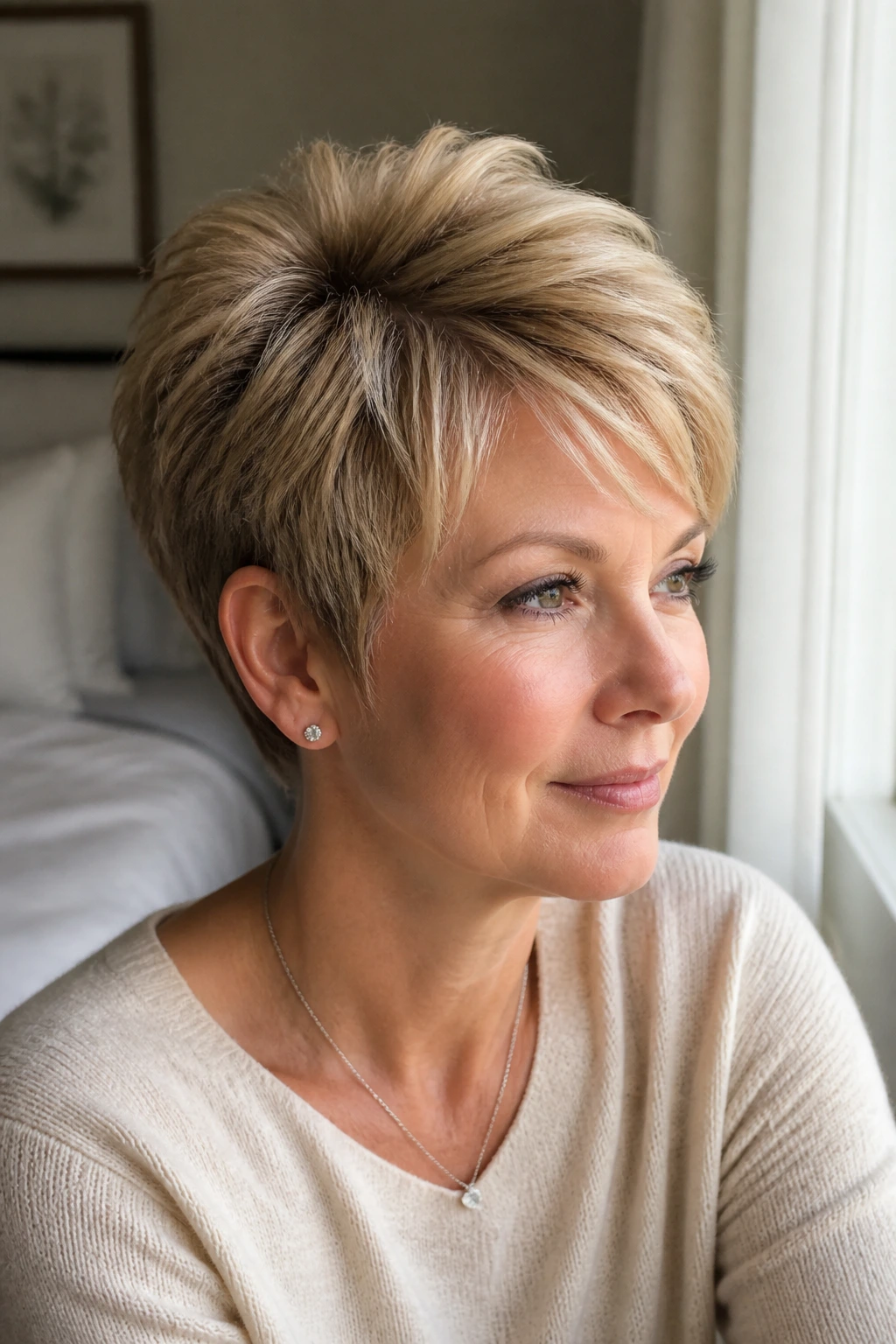 Close-up of a real woman with layered pixie and lifted crown in warm blonde, softly lit bedroom