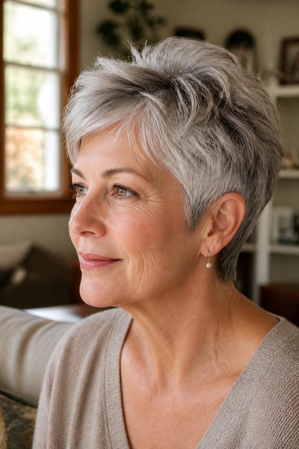 Close-up of a real woman with a layered pixie and gray blending