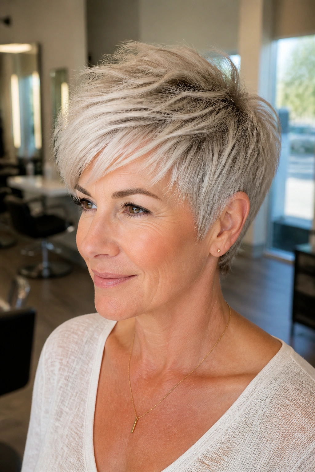 Close-up of a real person with a layered pixie haircut featuring a longer top in icy blonde tones, in a salon.