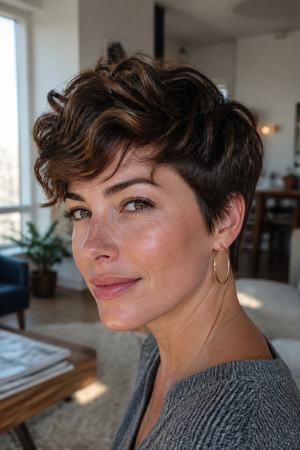 Close-up of a real woman with layered pixie and long top.