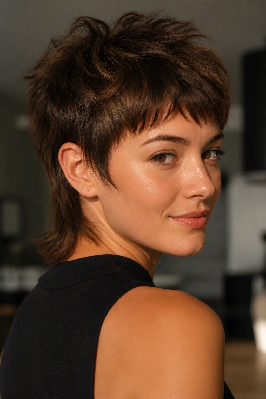 Real person with layered pixie mullet showing back length and texture.