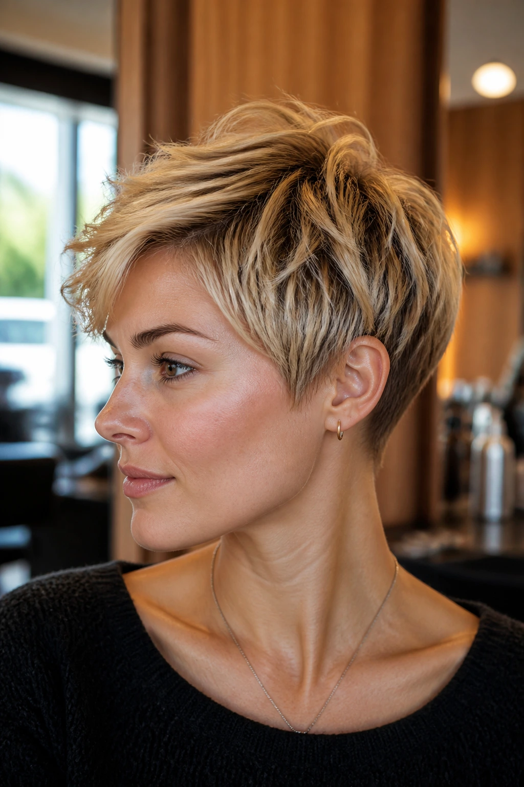 Close-up of Layered Pixie with Tapered Nape hairstyle on real woman in a salon