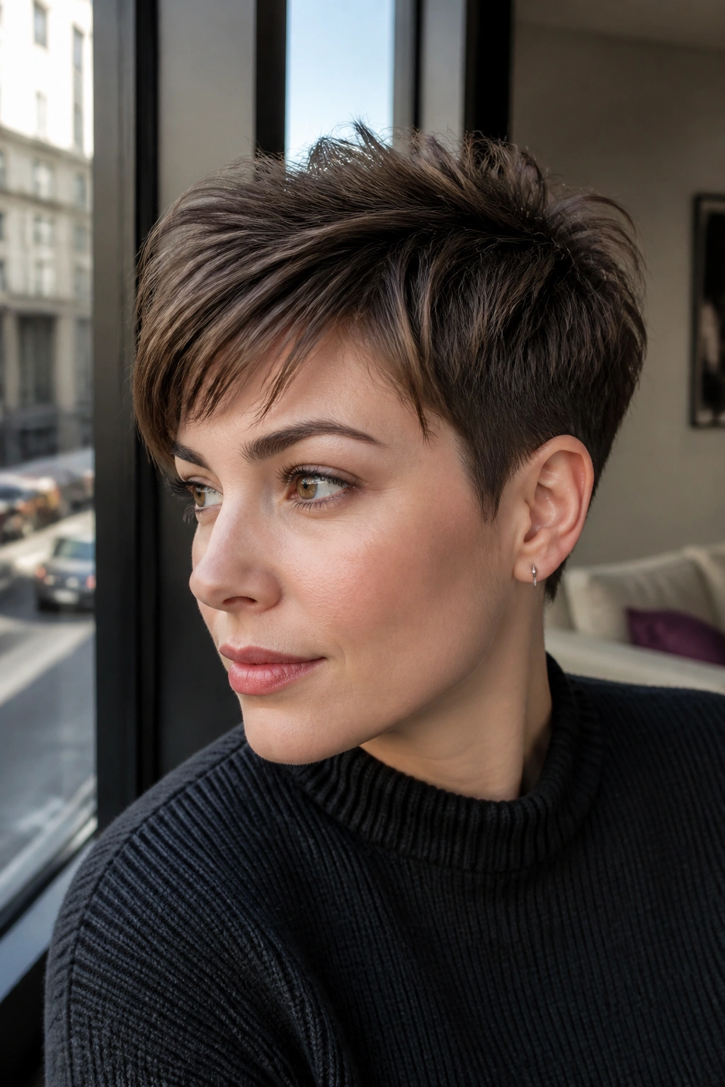 Close-up of a real woman with layered pixie, textured top and longer crown.
