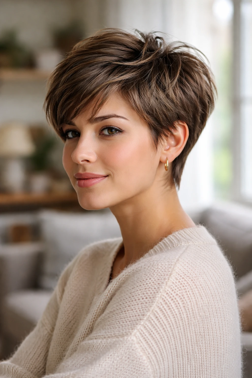 Close-up portrait of a girl with layered pixie for thick hair showing crown layers