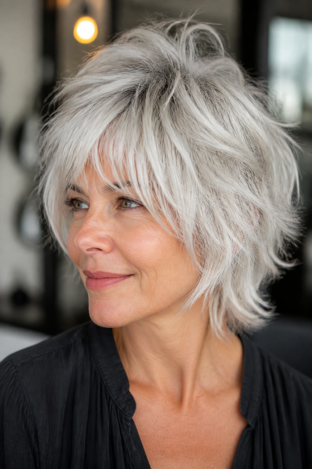 Close-up portrait of a real woman with layered platinum shag hairstyle showing volume and texture