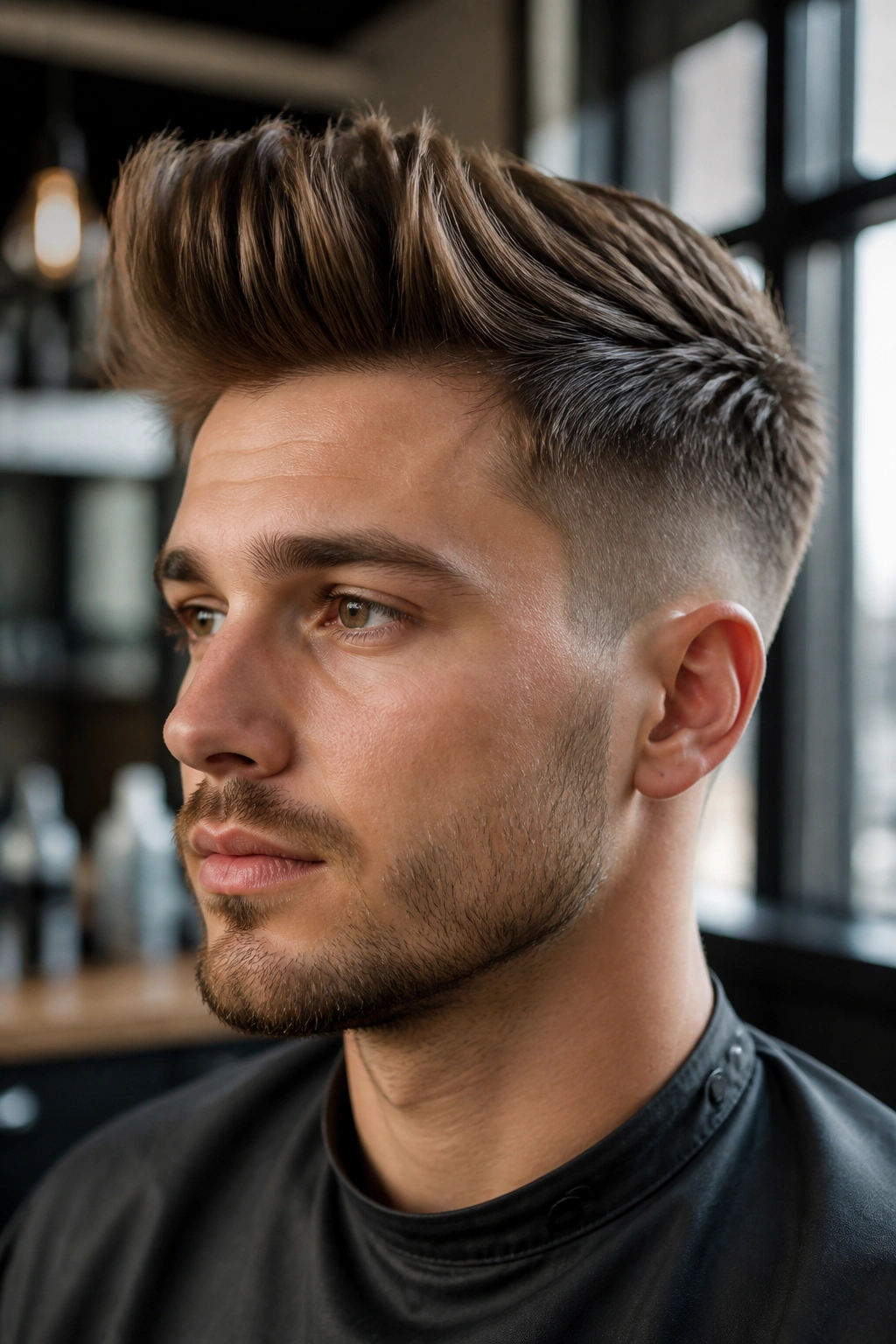Close-up portrait of a man with layered quiff and lifted front in a warm salon light