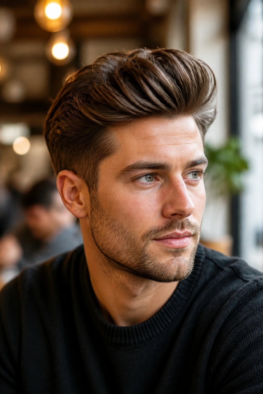 Close-up of a man with layered quiff and front lift in warm cafe light.