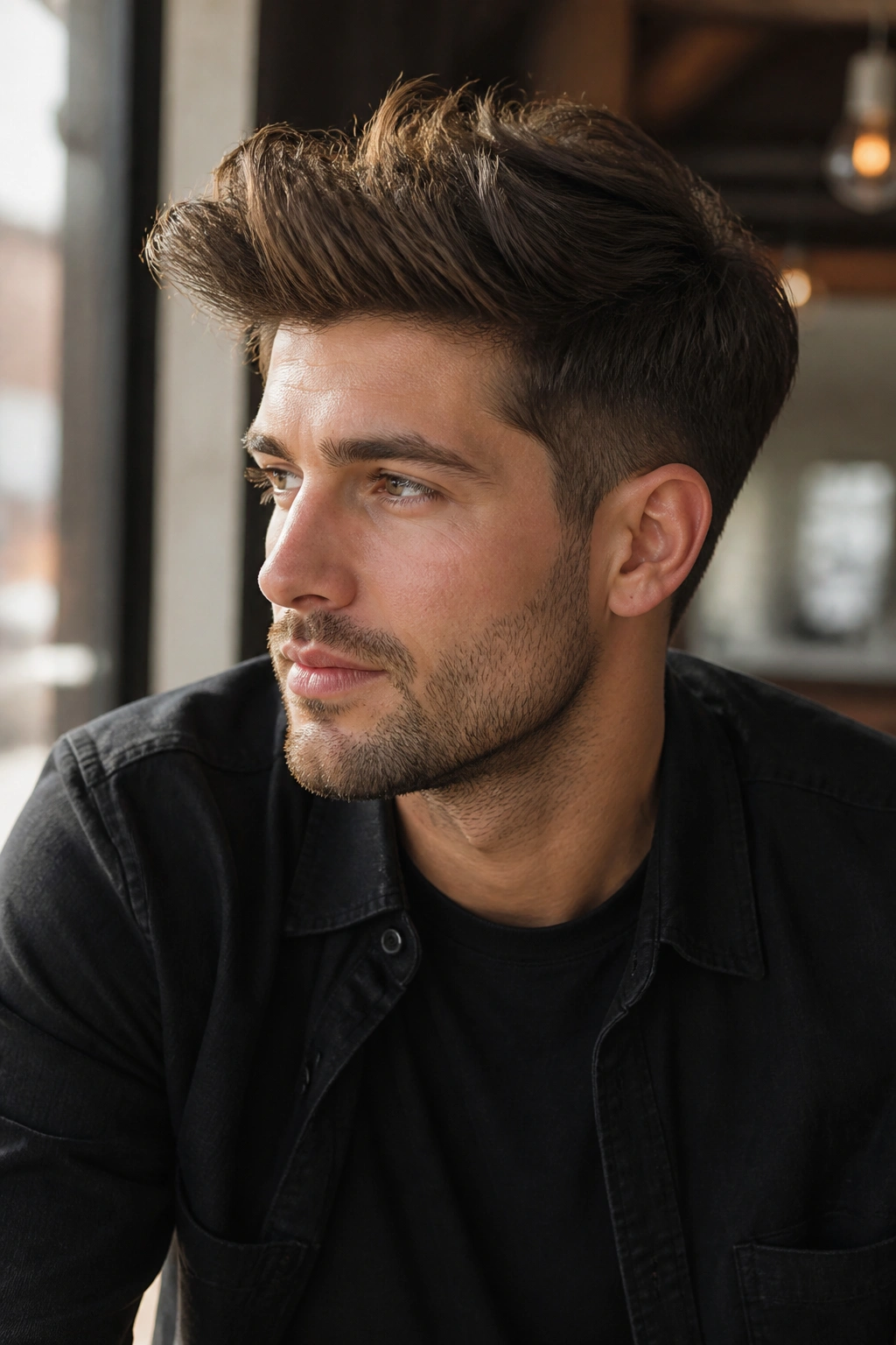 Medium close-up of a man with layered quiff and loose volume in a cafe setting