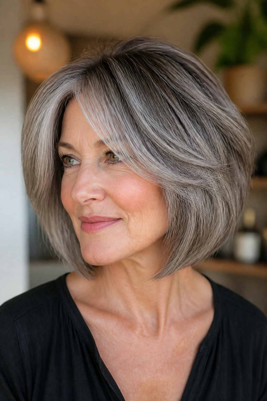 Close-up of a real person with a layered salt-and-pepper grey bob