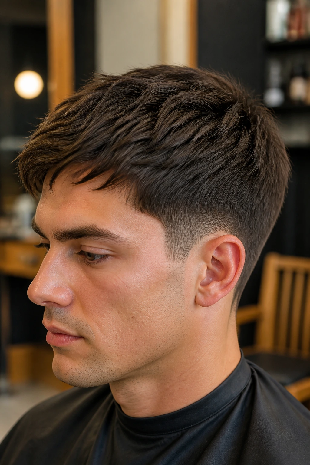 Close-up portrait of a man with Layered Scissor Cut hairstyle in barber shop