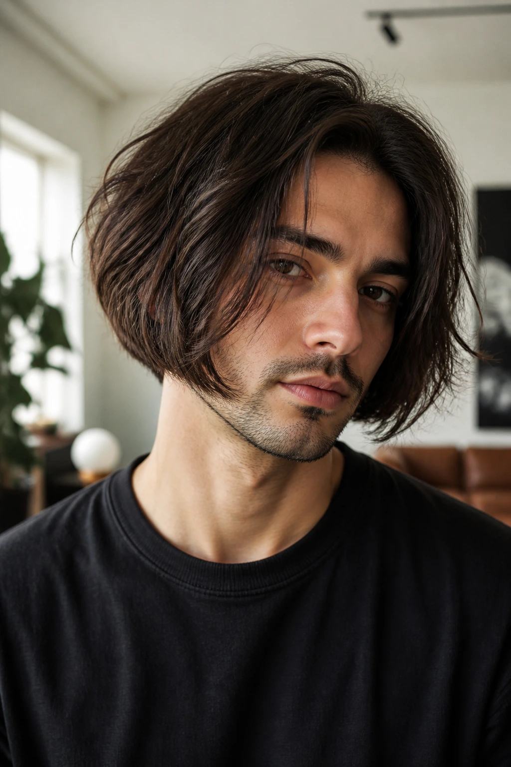 Close-up of man with layered shag-bob hybrid showing textured layers