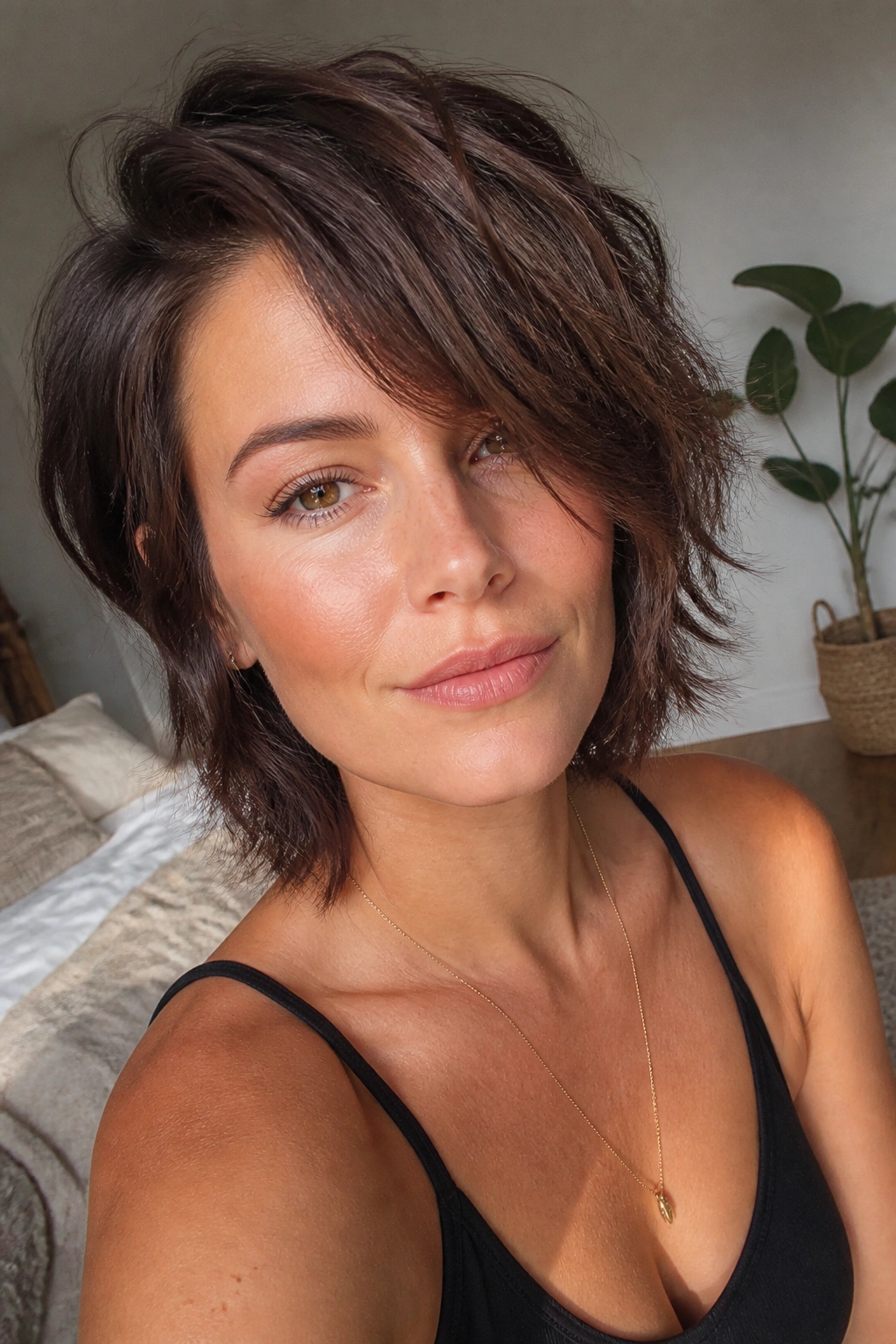 Portrait of a woman with layered shag and deep side part.