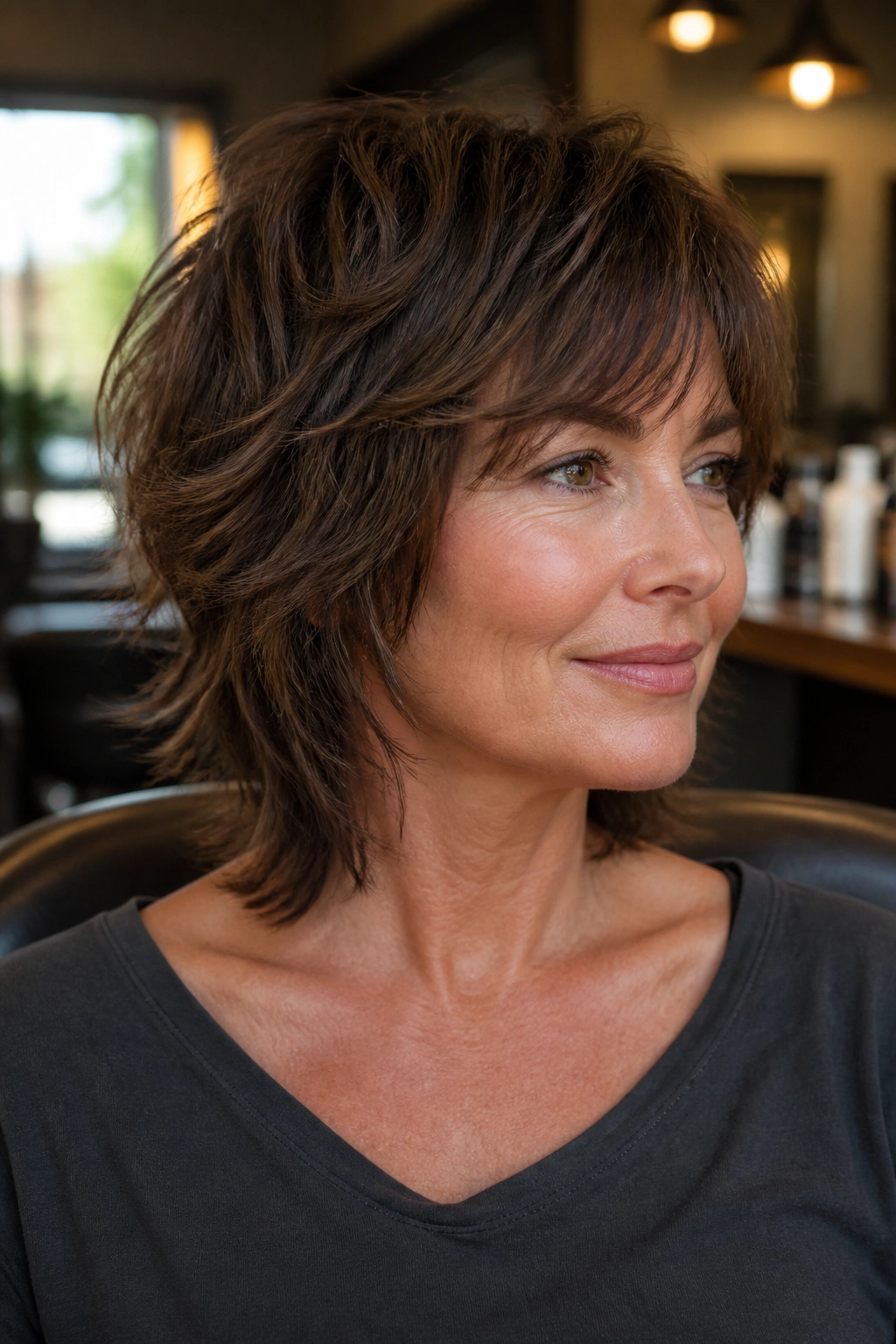 Close-up portrait of a real woman with layered shag and feathered ends in a cozy salon setting