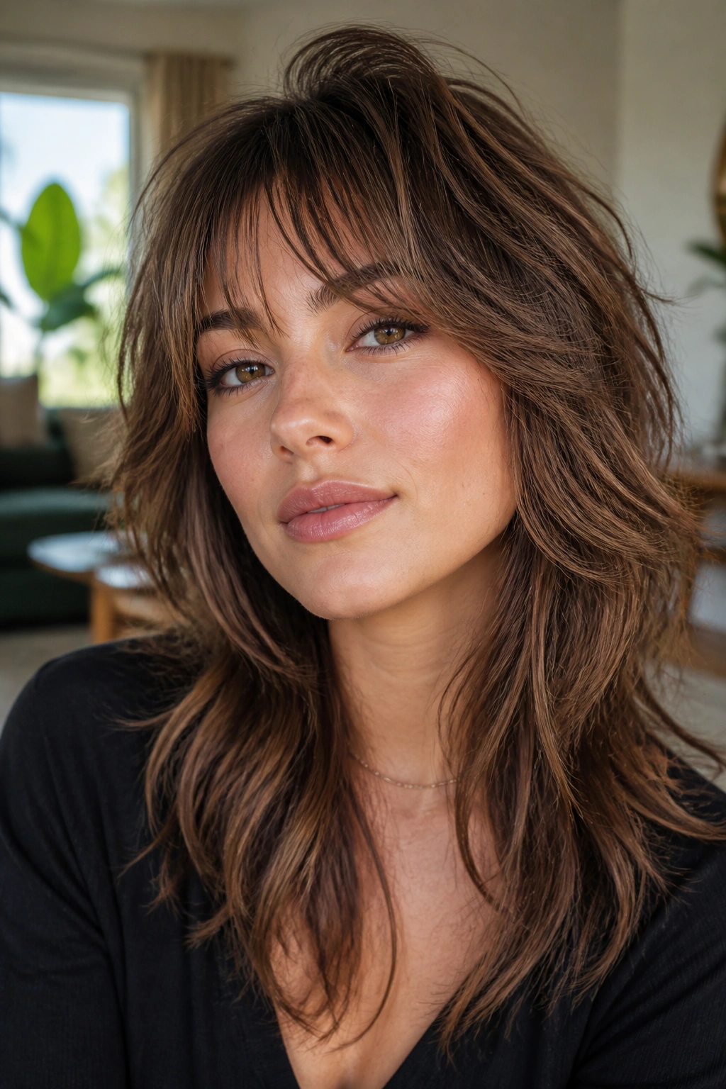 Close-up of woman with layered shag and graduated fringe around brow