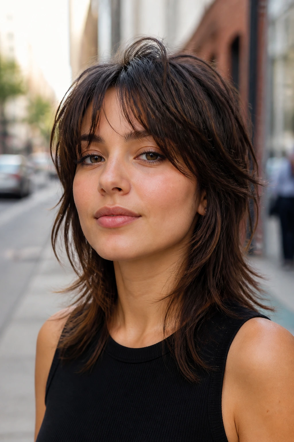Close-up of a real person with grow-out-friendly layered shag for round faces in diffused daylight
