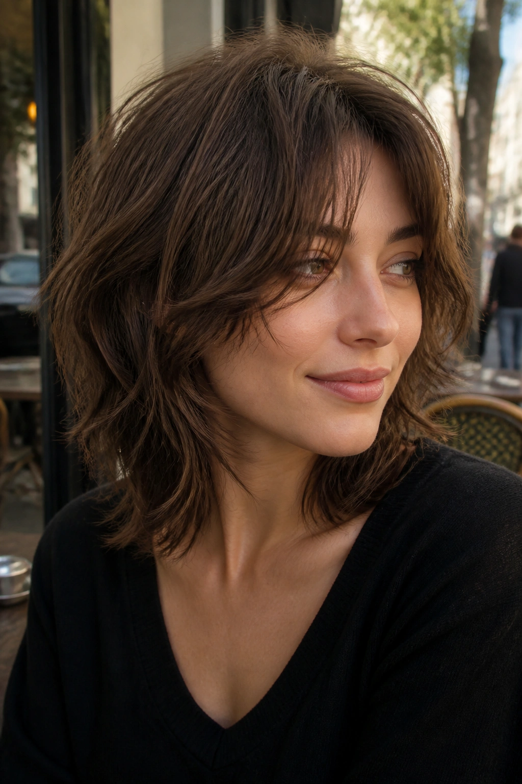 Real woman with layered shag lob showing airy movement and texture