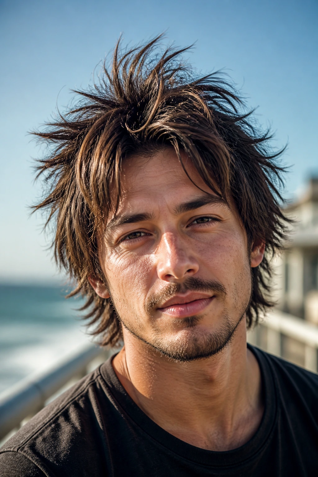 Close-up portrait of a man with layered shag and spiky ends on a boardwalk.