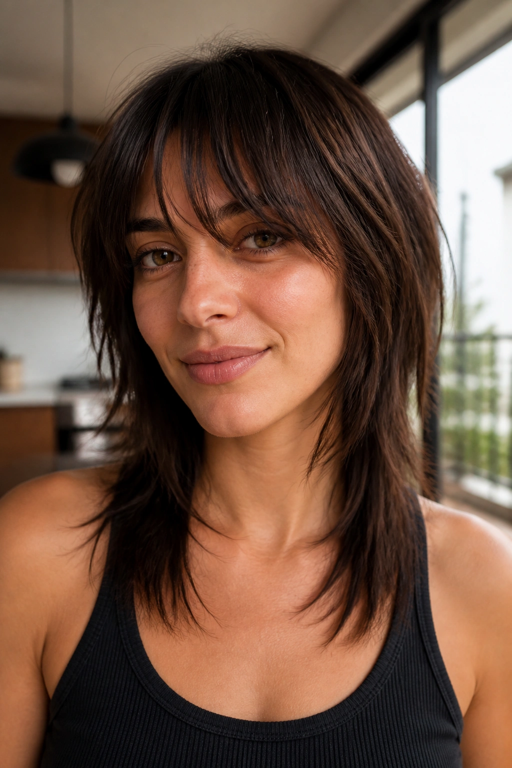 Close-up of a real woman with layered shag on straight hair in morning light