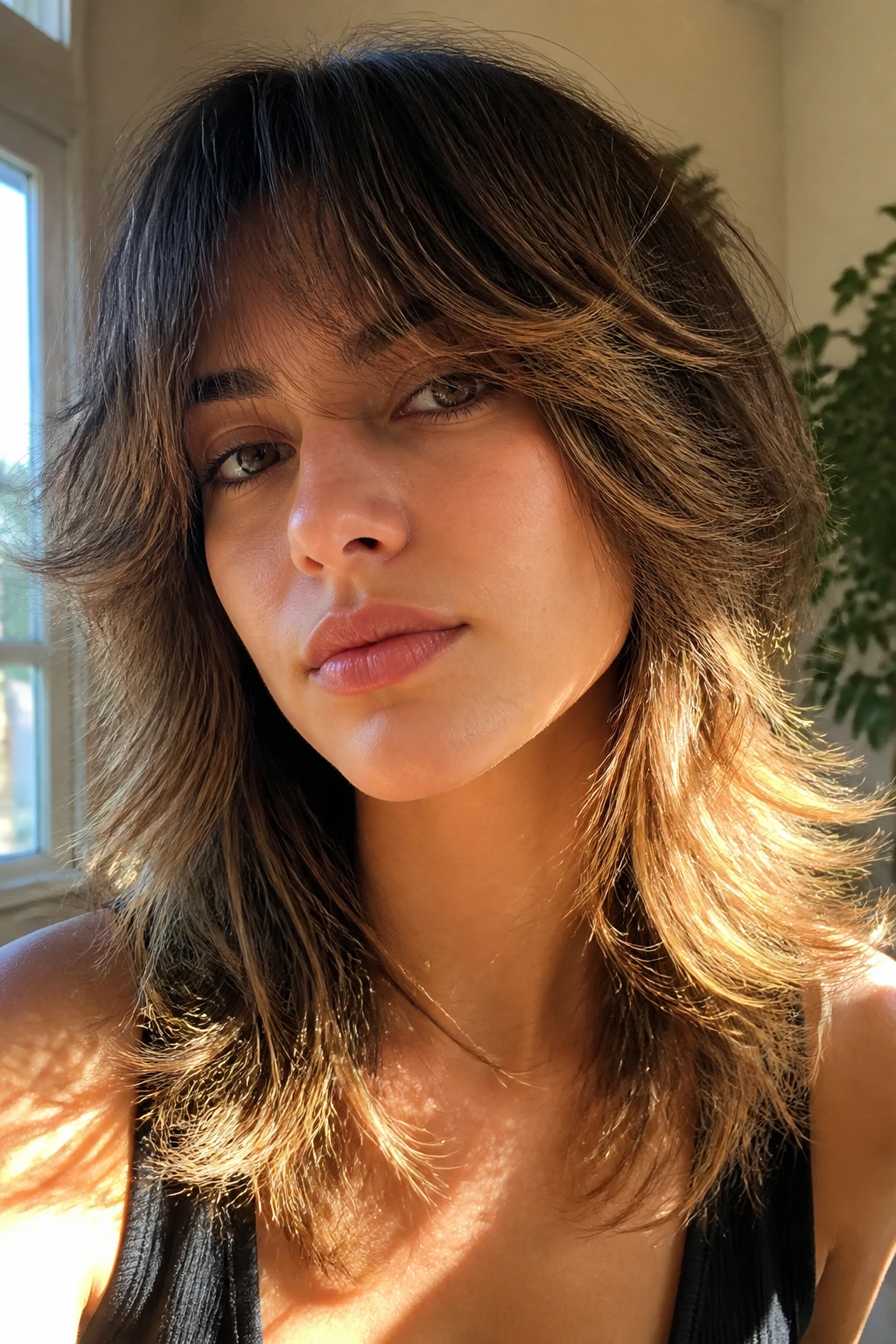 Close-up of a real person with sunlit caramel ends on a layered shag