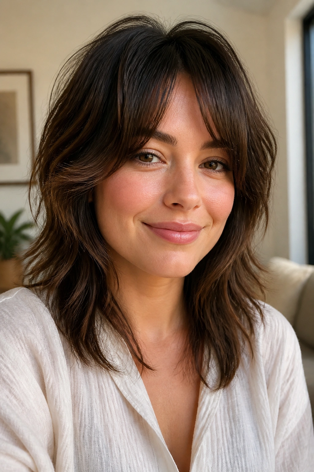 Close-up portrait of a real woman with layered shag and tapered ends in soft lighting