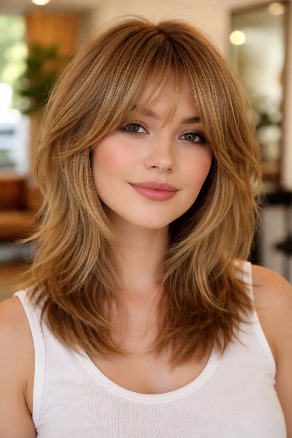 Close-up of a person with layered shag haircut, mid-length thinning visible