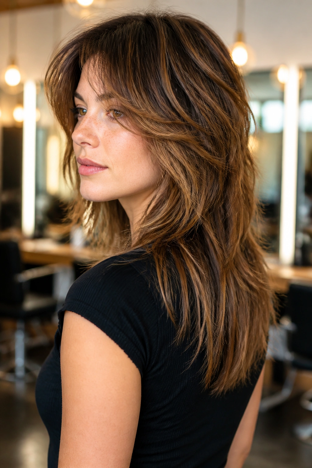 Portrait of a real woman with layered shag and longer back in a V-cut