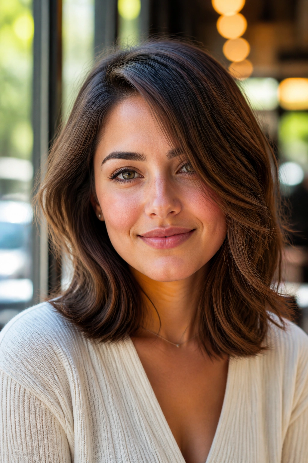 Close-up of a real woman with layered shoulder length hair and off-center part