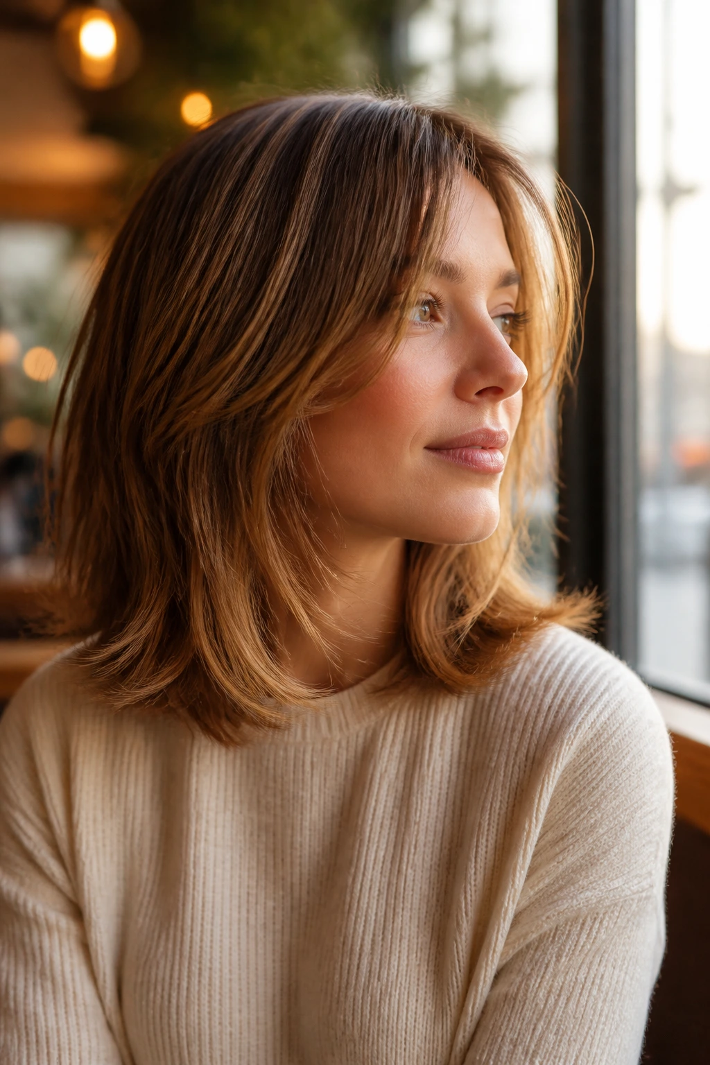 Portrait of a real person with layered shoulder-grazing cut and airy ends in warm cafe light.