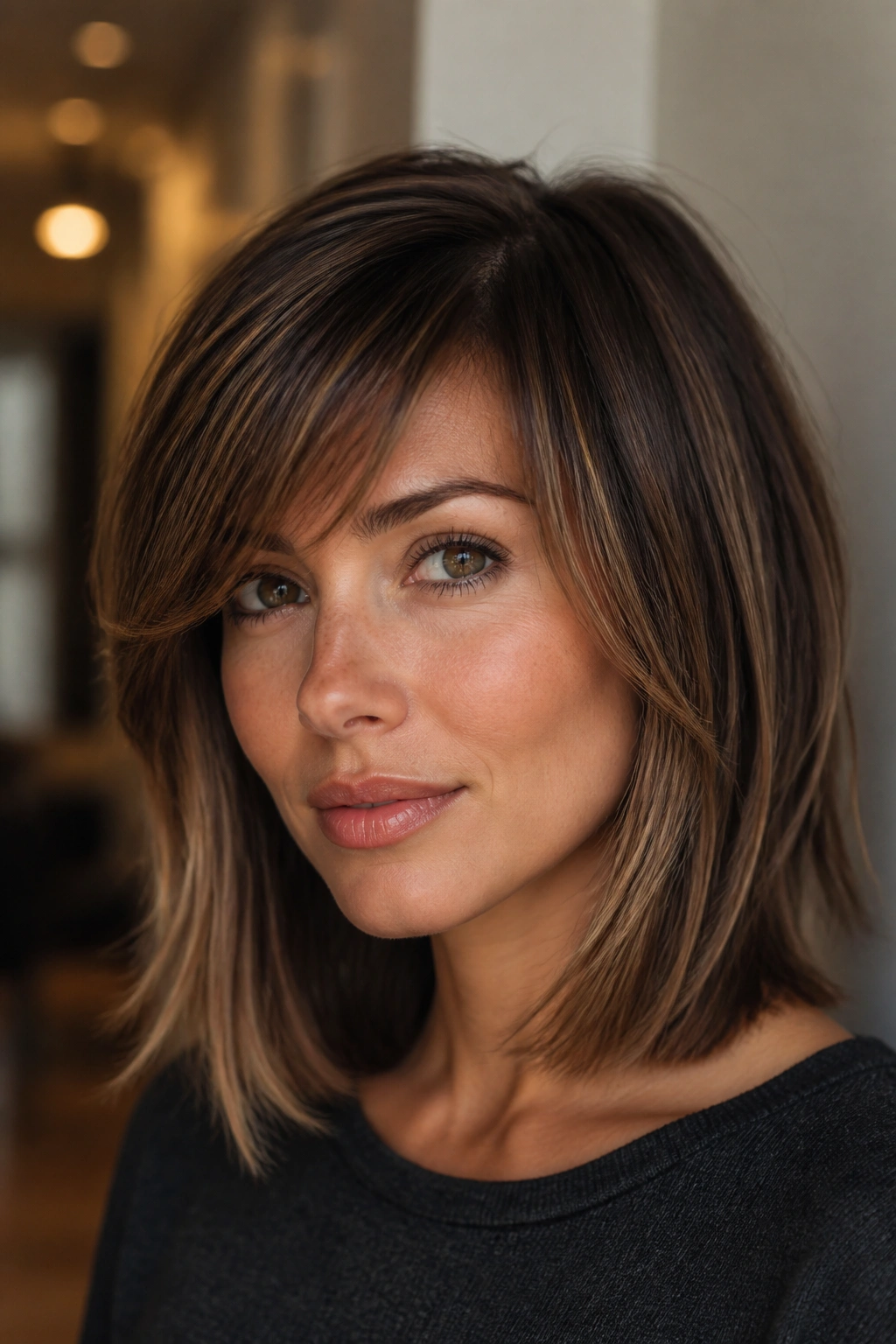 Close-up of a woman with layered side bangs and a lob