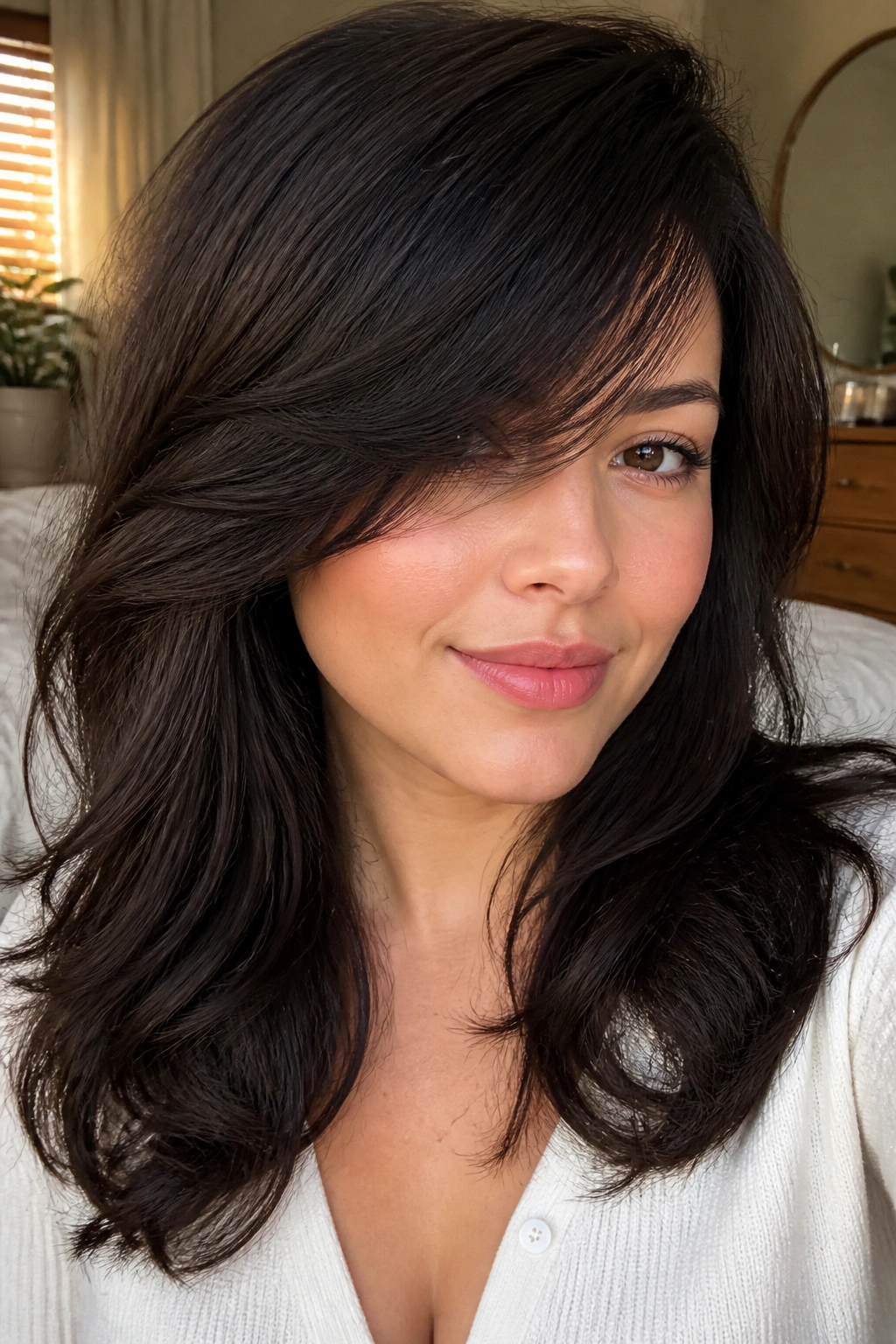 Close-up portrait of a real woman with layered side bangs over thick hair