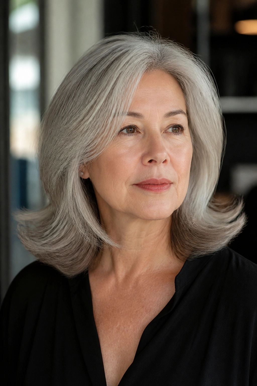 Close-up portrait of a real woman with layered silver flip hairstyle