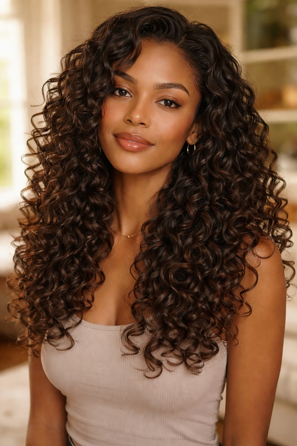 Close-up of a real person with long layered spiral curls in warm light