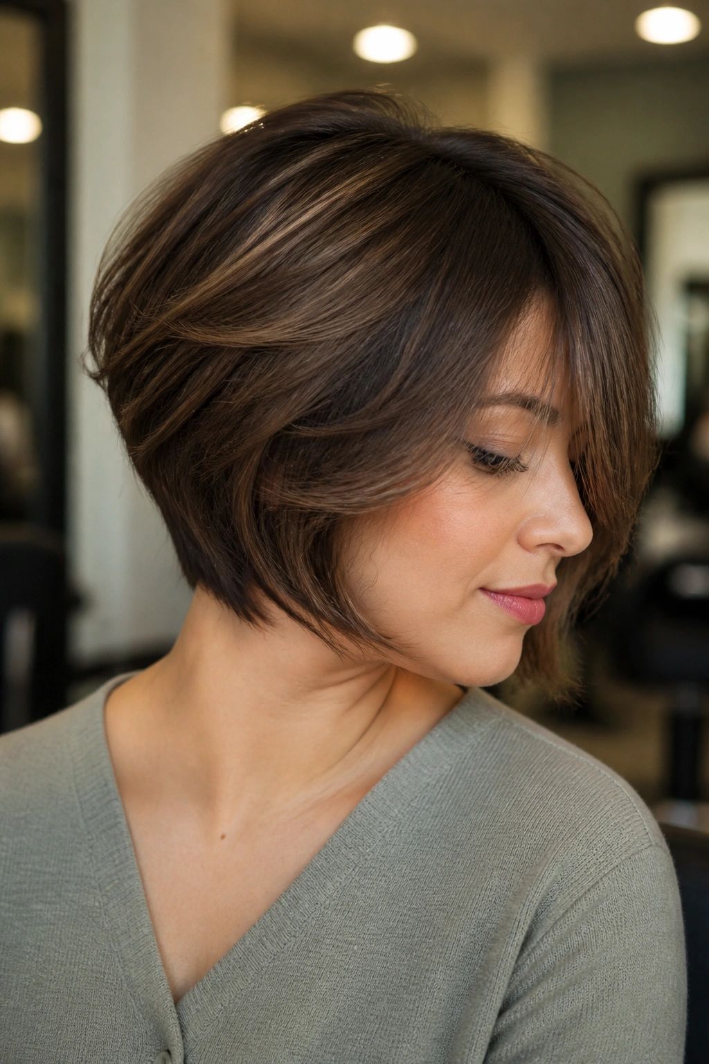 Close-up of a real person with a layered stacked bob on thick hair.
