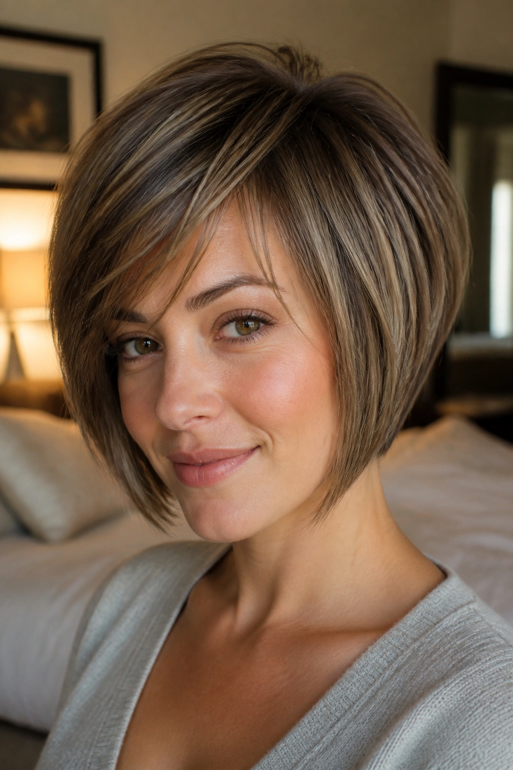 Close-up portrait of a real woman with layered stacked bob for fine hair showing crown lift