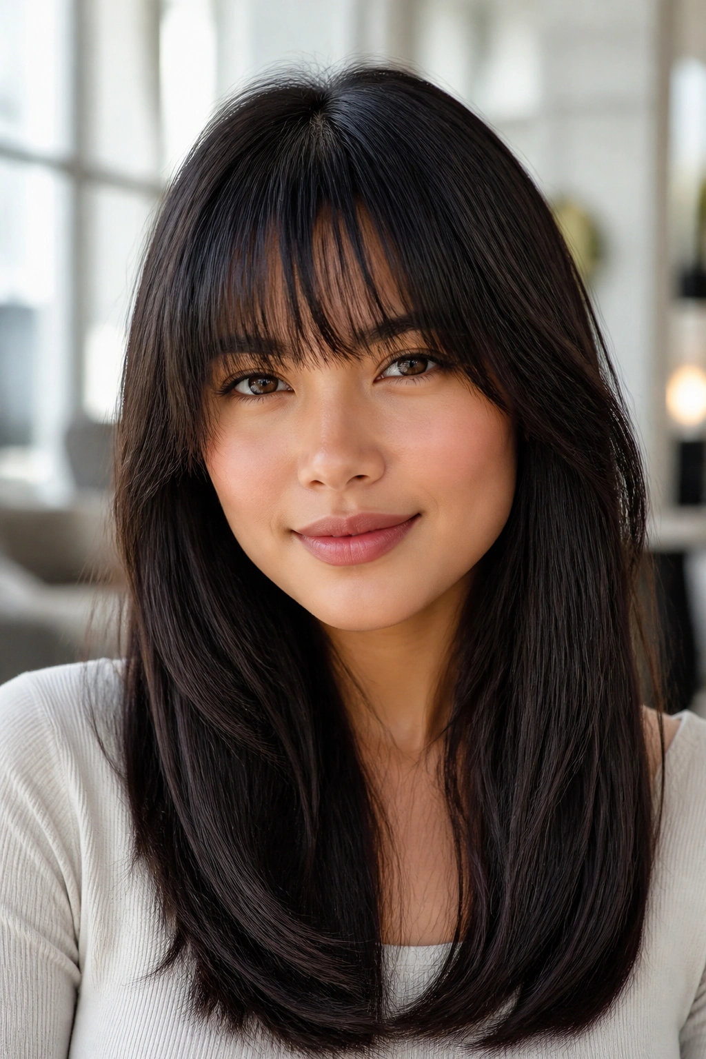 Close-up portrait of a real person with layered straight fringe on thick hair in bright daylight