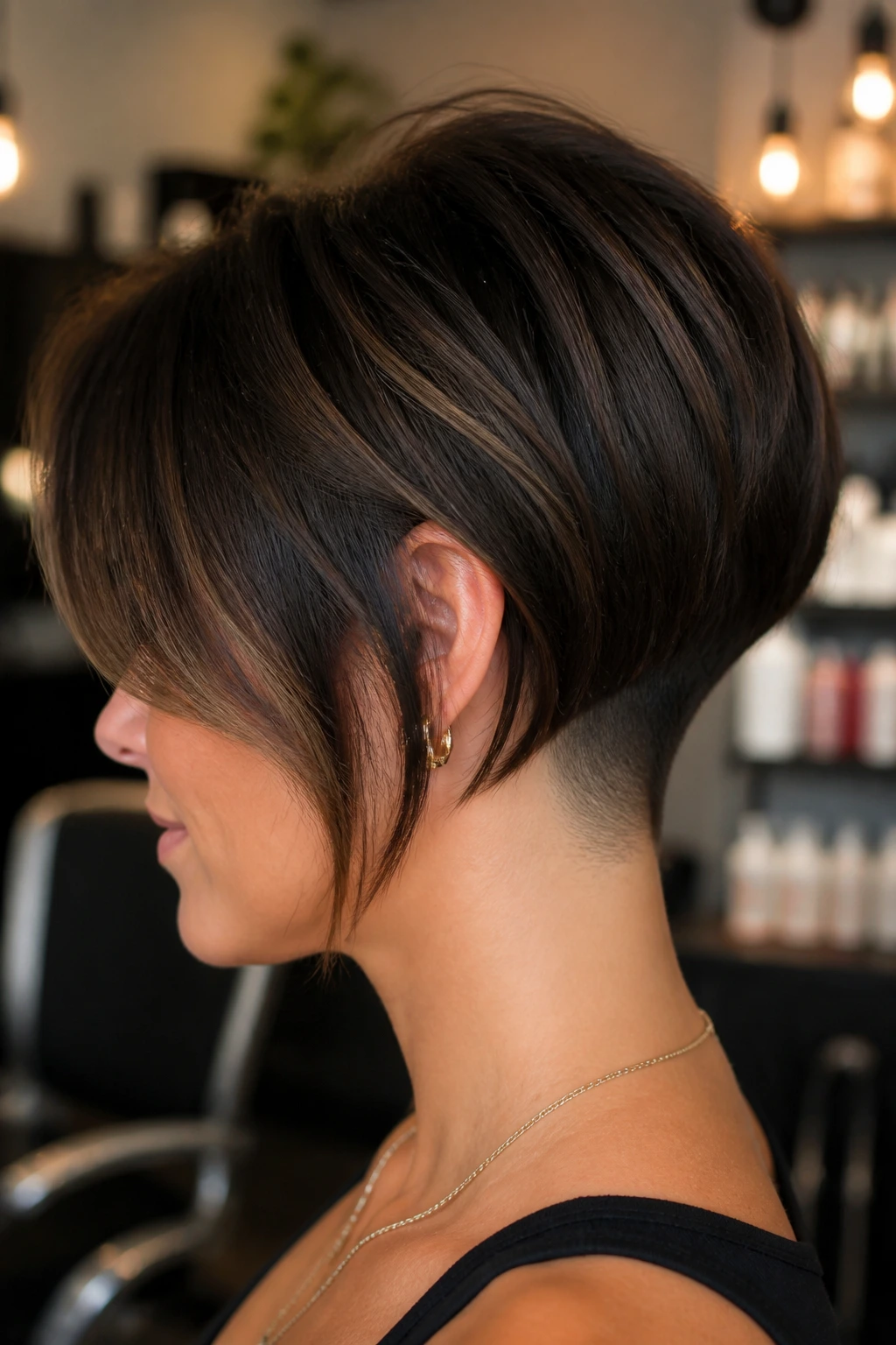 Close-up profile of a woman with a layered undercut bob