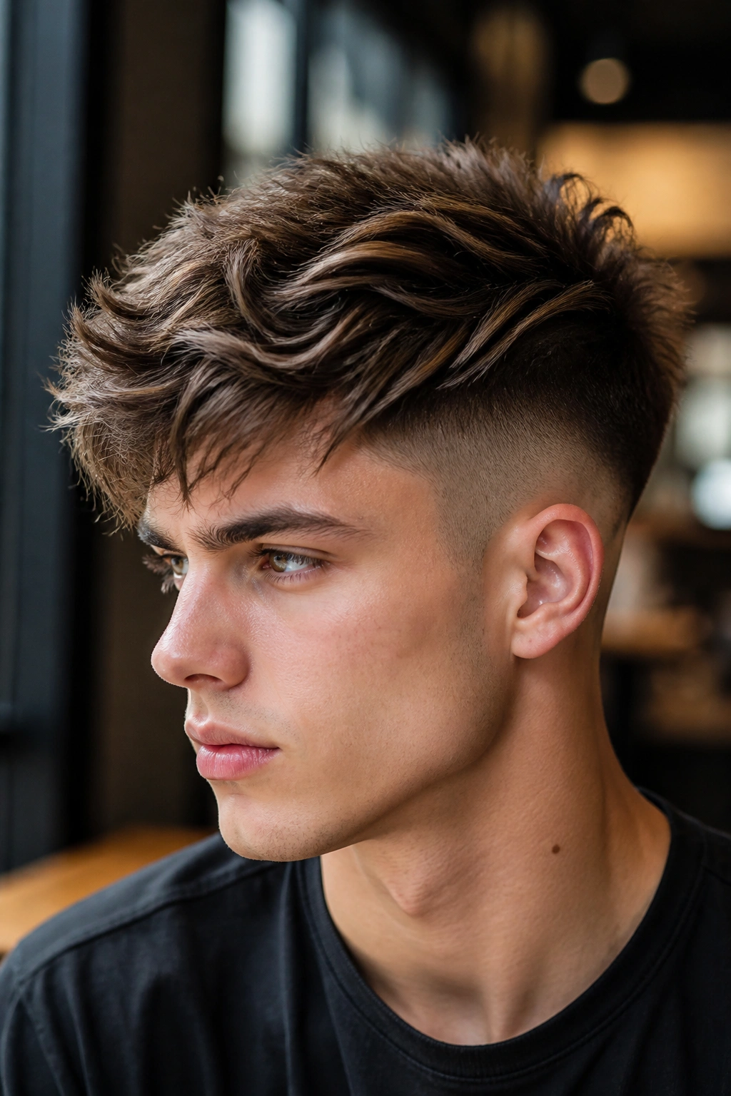 Man with layered crown and disconnected undercut in urban cafe light