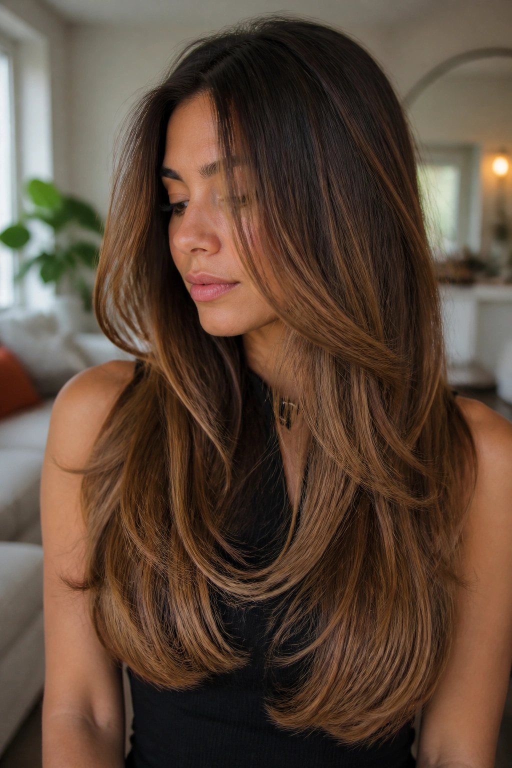 Close-up of a real woman showing layered V-cut with caramel sweep at the front