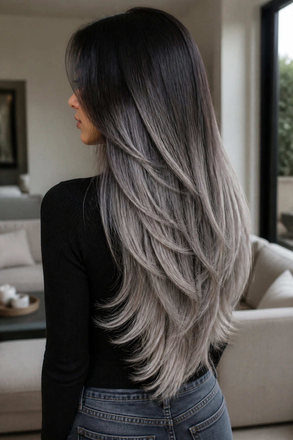 Three-quarter back portrait of layered V-cut hair with silvery cascades